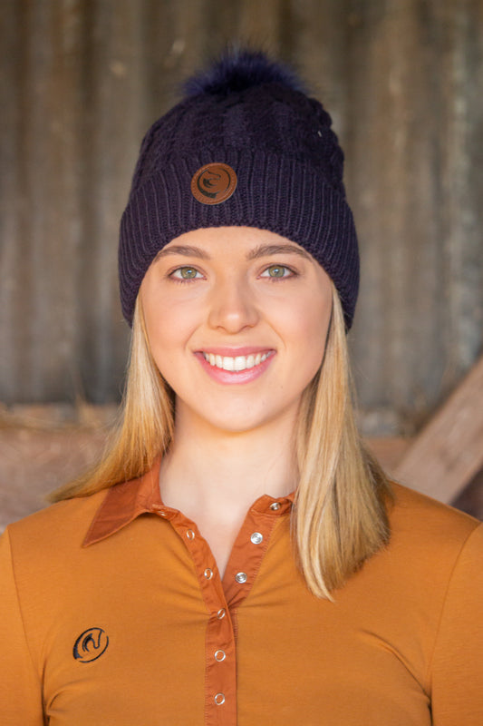 Logo Cable Pom Pom Beanie - Navy